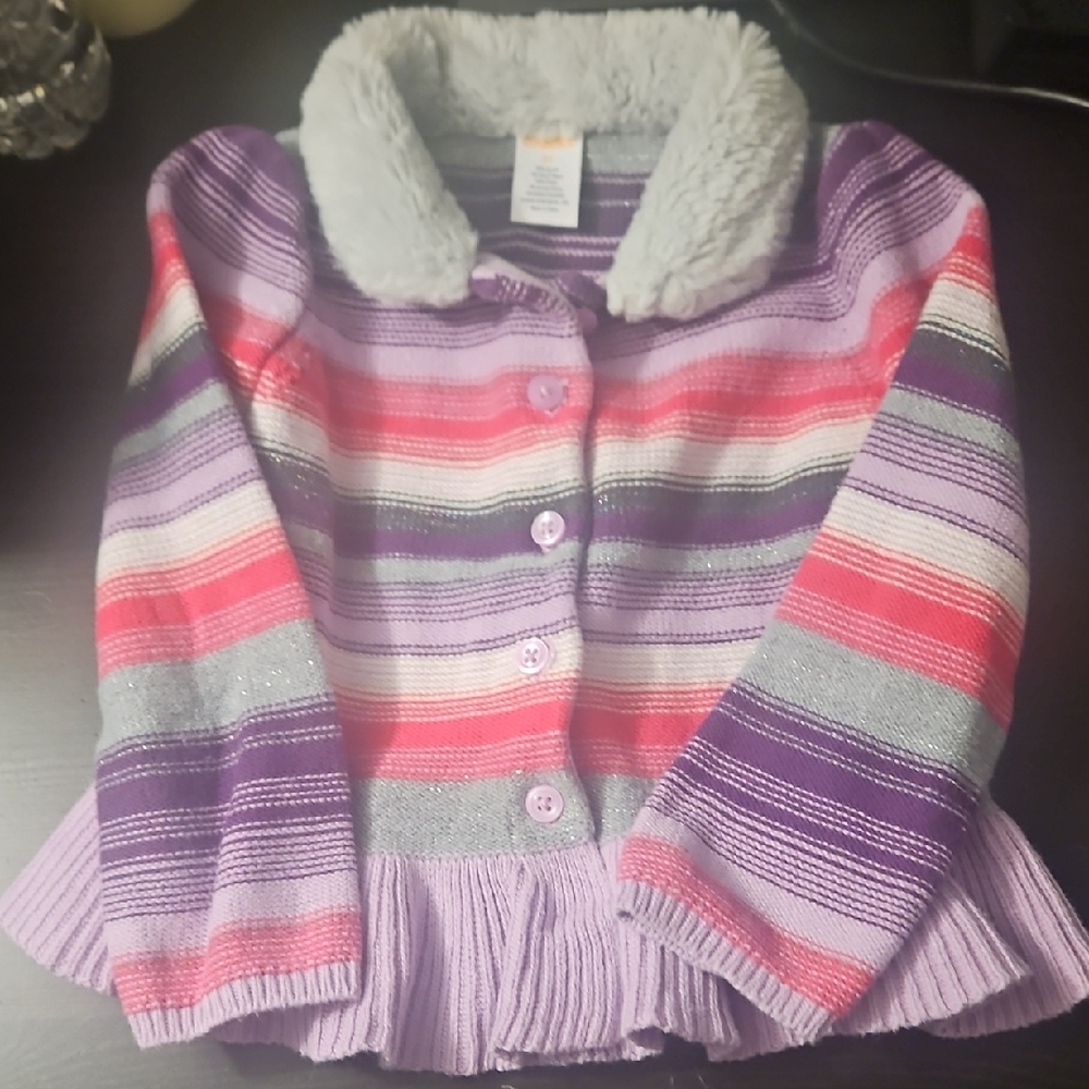 Gymboree Purple and Gray Striped Sweater with Faux Fur Collar‎